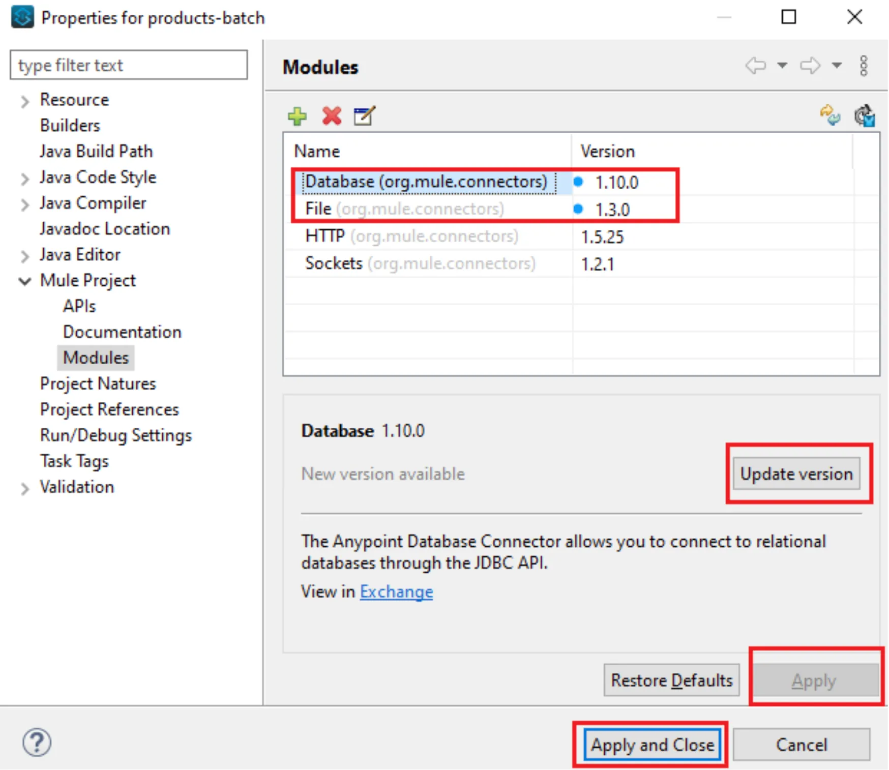 Modules panel with "New version available" for Database and the Update version and Apply buttons