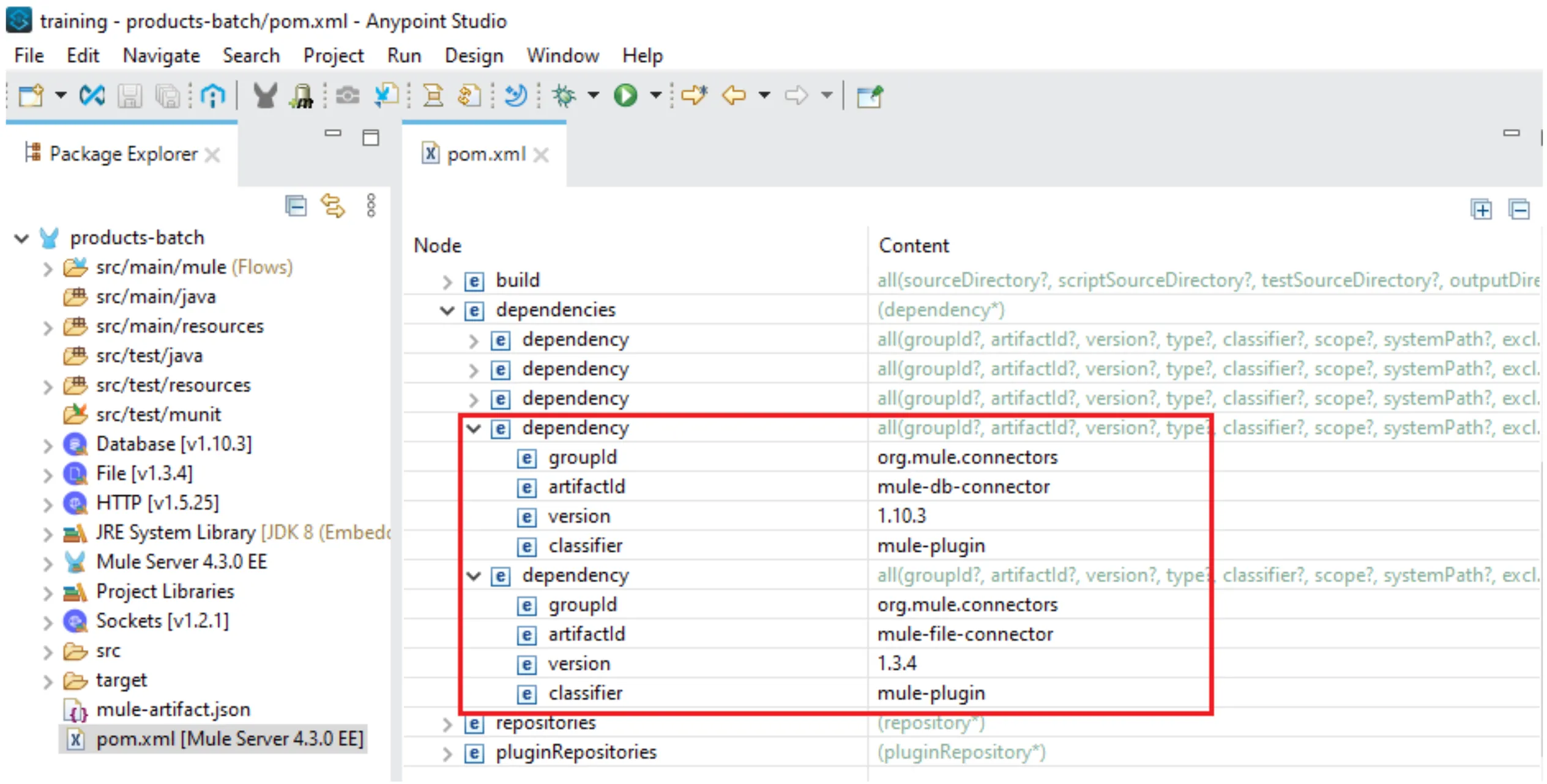 pom.xml reopened in Studio showing the connector dependencies updated to their new versions