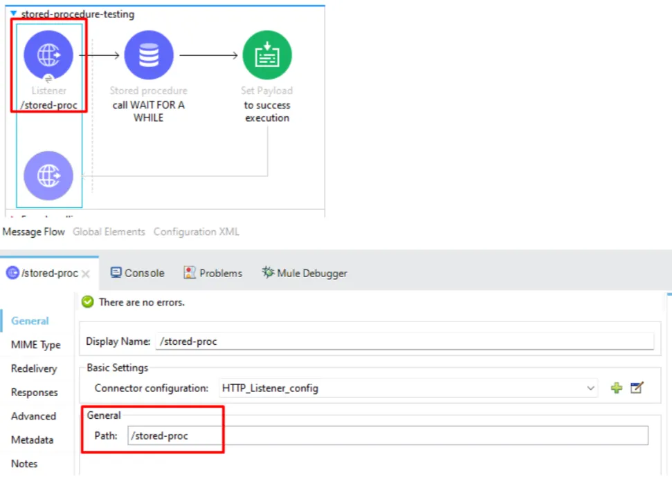 HTTP Listener config with the path set to /stored-proc highlighted