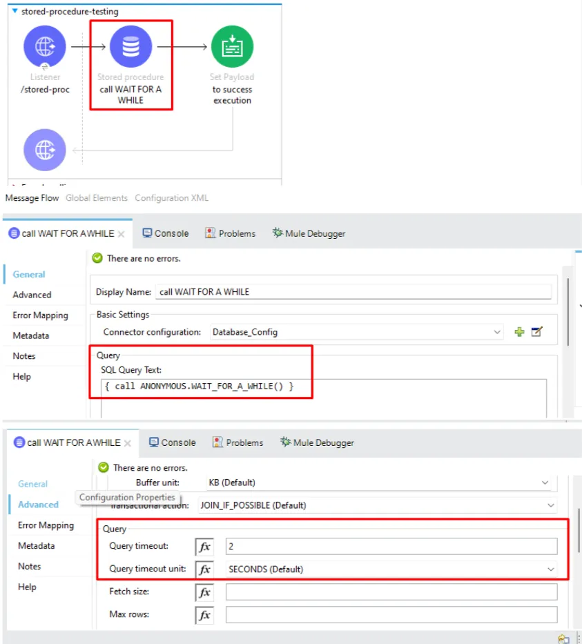 Database connector calling WAIT_FOR_A_WHILE with a 2-second query timeout configured