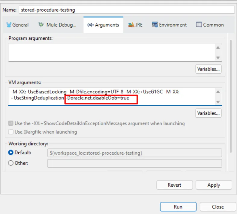 Run Configurations Arguments tab adding -Doracle.net.disableOob=true to the VM arguments