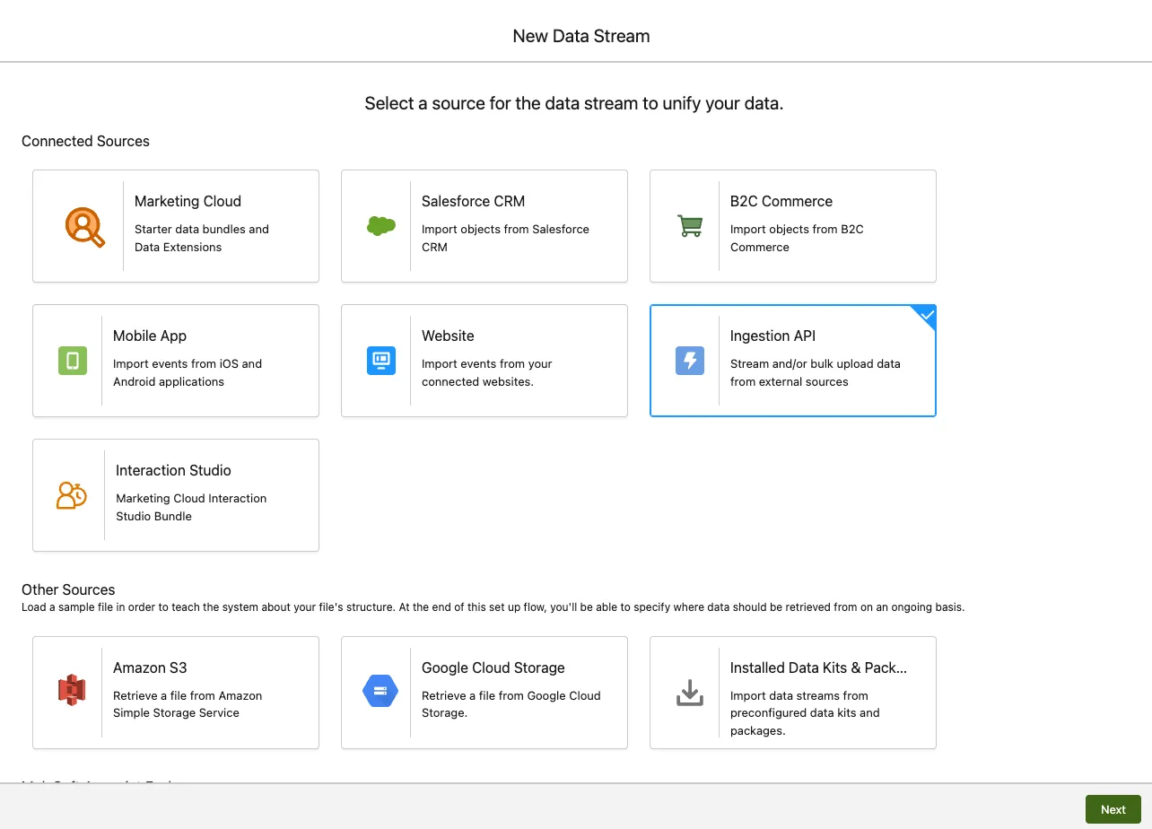 New Data Stream source picker with the Ingestion API tile selected