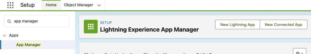Salesforce App Manager with the New Connected App button highlighted