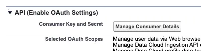 Connected App API section with the Manage Consumer Details button