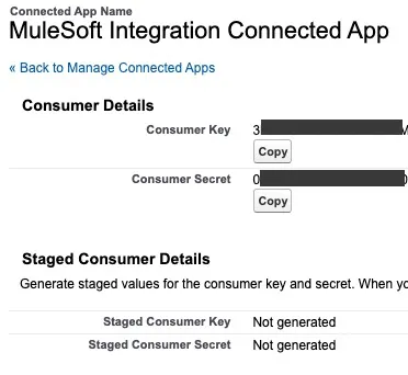 Connected App Consumer Details page with masked Consumer Key and Secret and Copy buttons