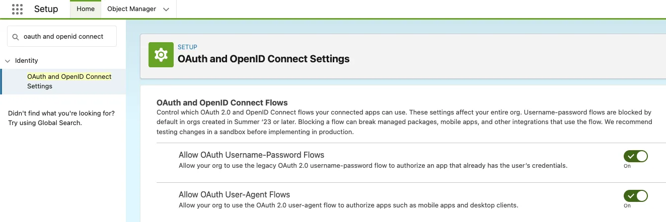 OAuth and OpenID Connect Settings with Allow OAuth Username-Password Flows toggled On