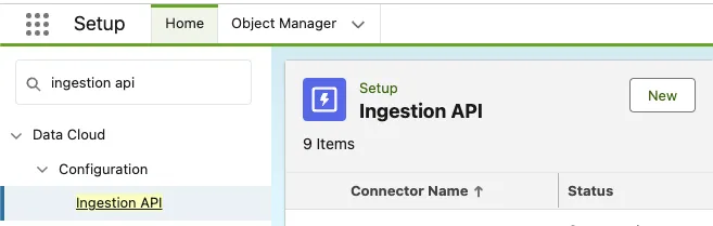 Data Cloud Ingestion API setup page with the New button to create a connector