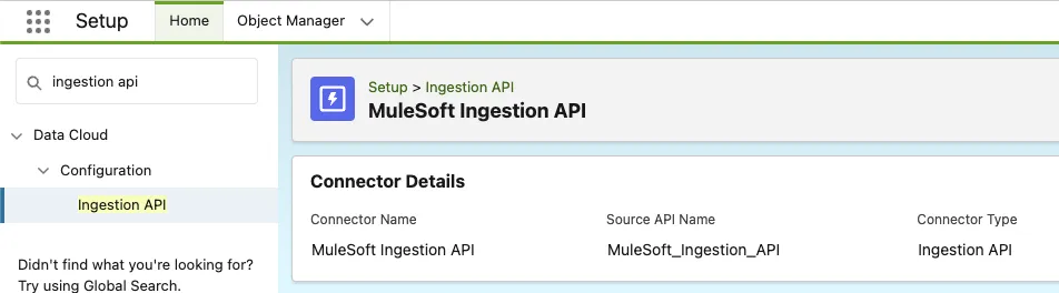MuleSoft Ingestion API connector details showing Source API Name MuleSoft_Ingestion_API
