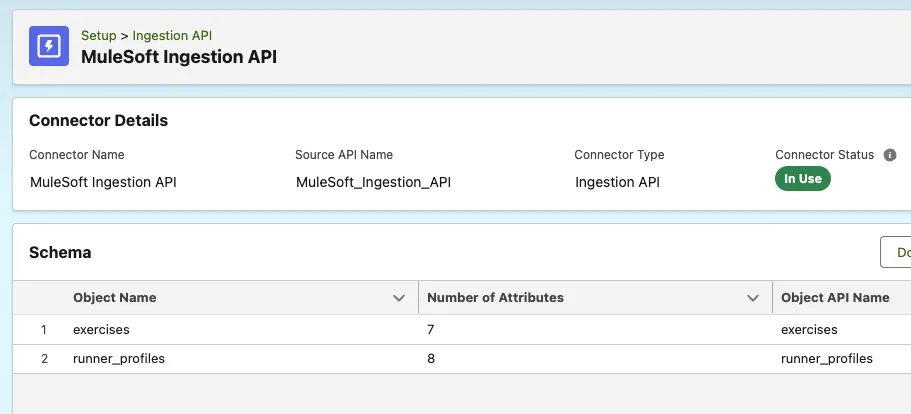 Ingestion API schema listing the exercises and runner_profiles objects, connector In Use