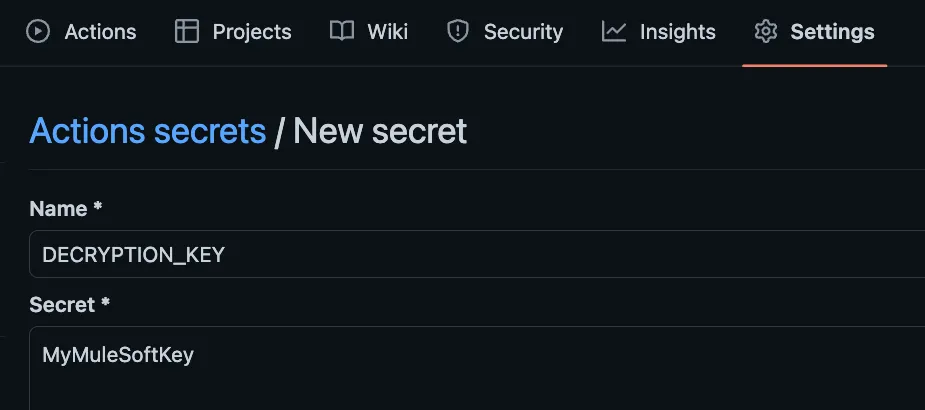 GitHub Actions New secret form with name DECRYPTION_KEY and value MyMuleSoftKey