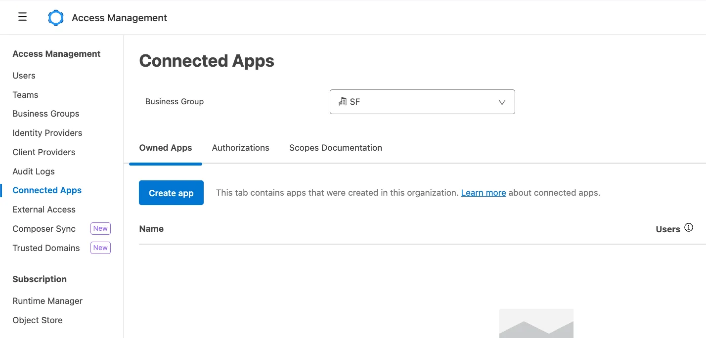 Anypoint Access Management Connected Apps page with the Create app button on the Owned Apps tab.