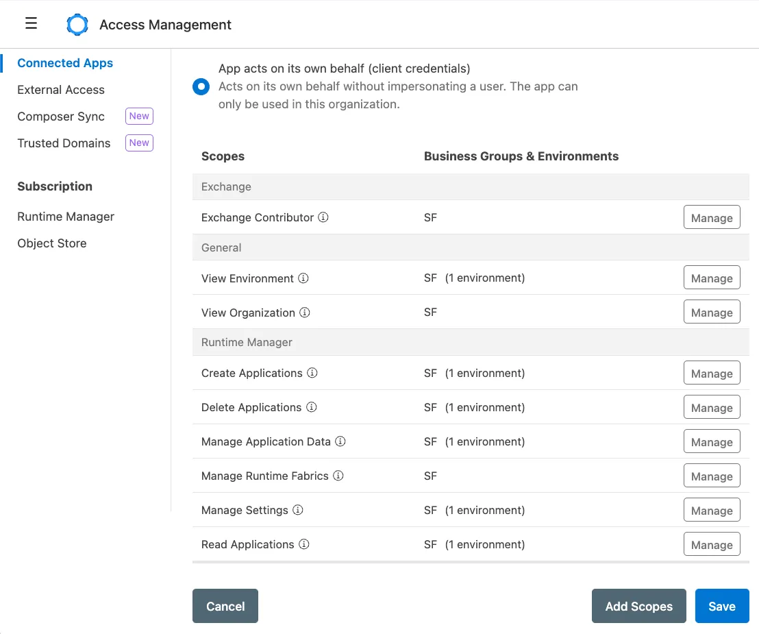 Connected app set to act on its own behalf with the nine selected Exchange, General, and Runtime Manager scopes.