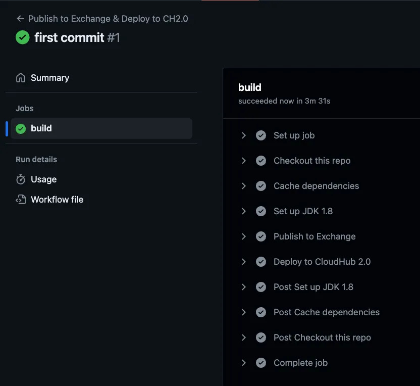 Successful GitHub Actions build run with steps including Publish to Exchange and Deploy to CloudHub 2.0 all passing.