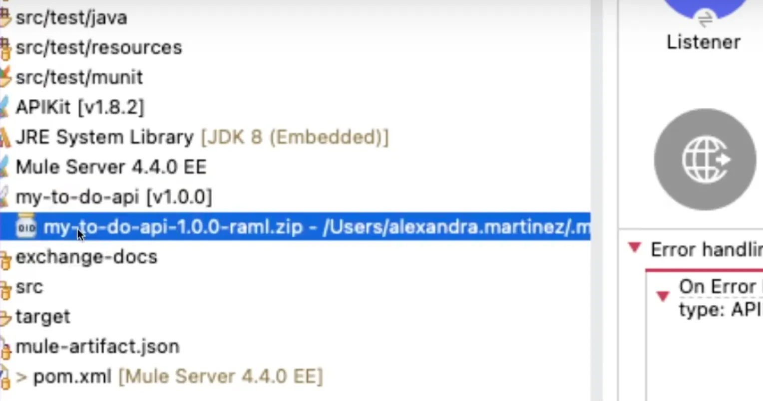Studio Package Explorer showing the my-to-do-api v1.0.0 dependency and its RAML zip