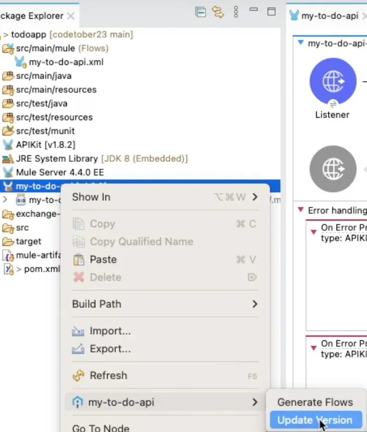 Right-click menu on the API dependency with the Update Version option highlighted