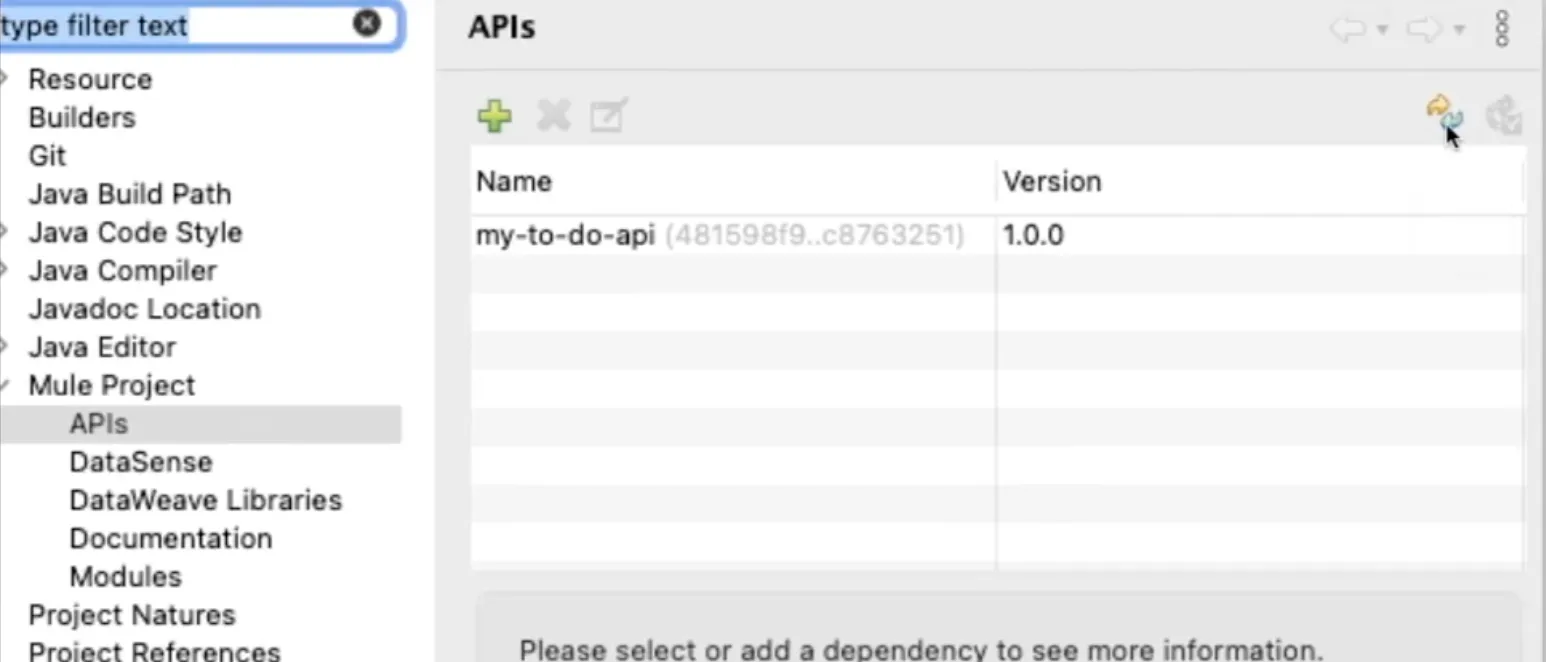 Mule Project APIs settings listing my-to-do-api at version 1.0.0 with a refresh button