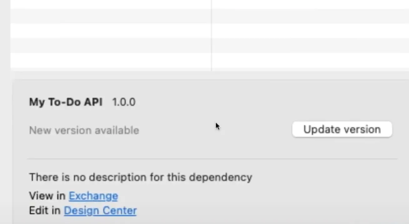 API dependency detail showing "New version available" with an Update version button