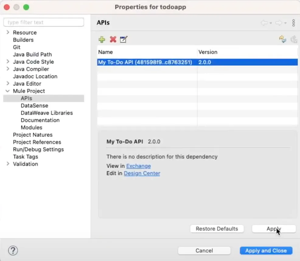 Properties APIs view with My To-Do API now at version 2.0.0 and an Apply button
