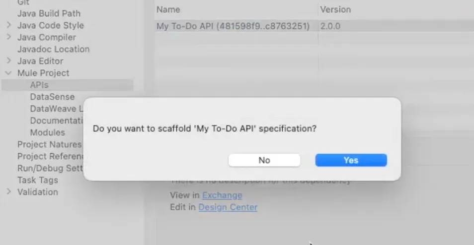 Dialog asking "Do you want to scaffold 'My To-Do API' specification?" with Yes and No
