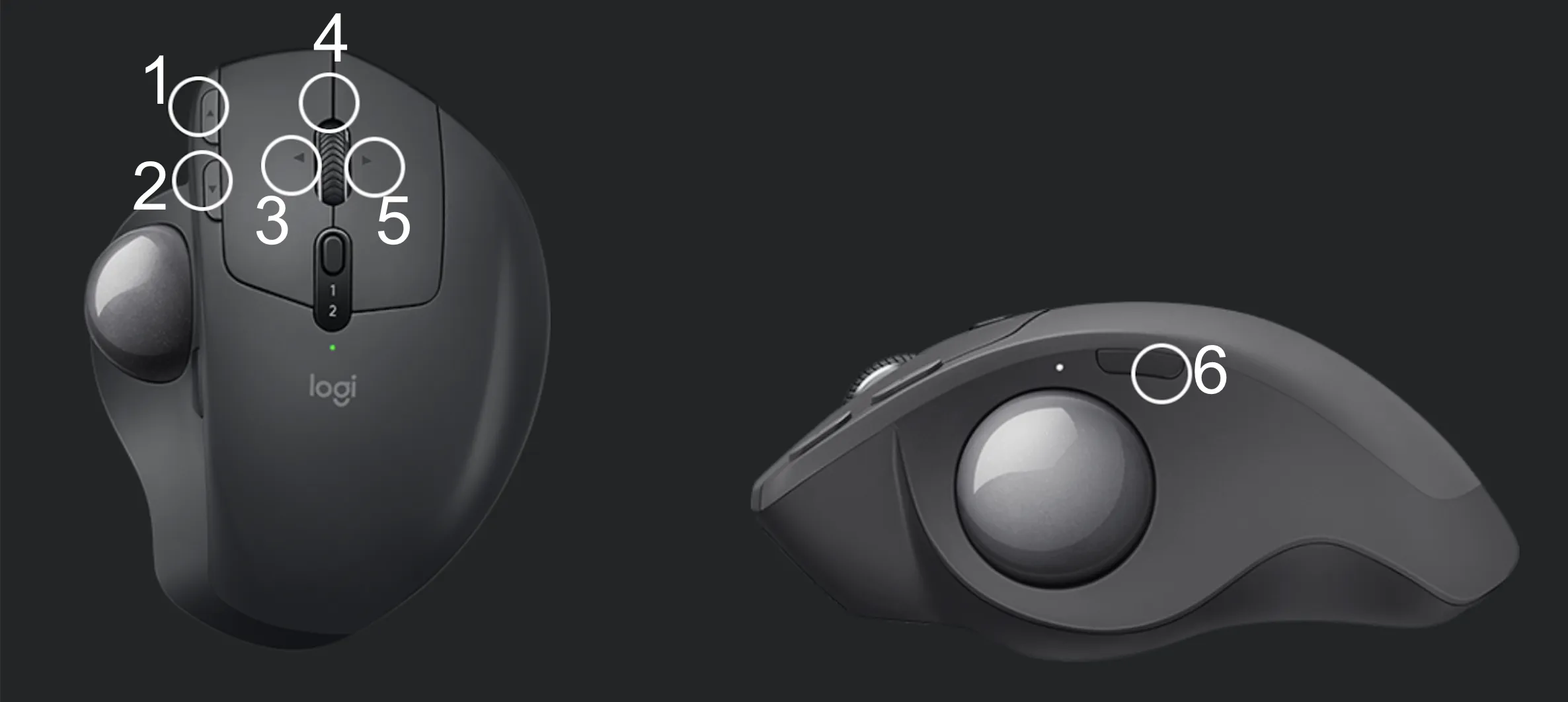 Logitech MX Ergo Advanced Wireless Trackball Mouse’s 6 programmable buttons.