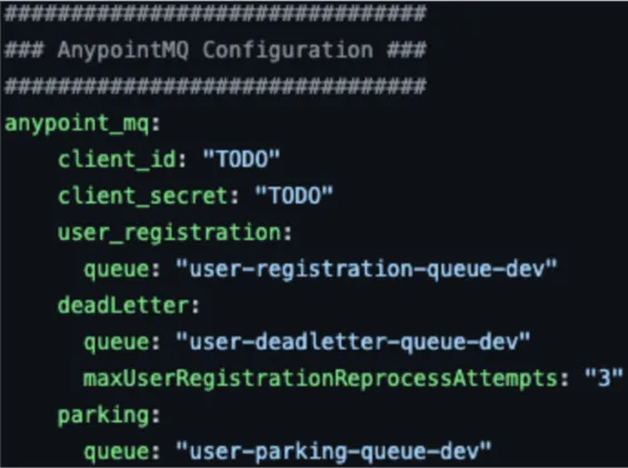 Properties file AnypointMQ config with client_id, queue, deadLetter, and parking queue settings