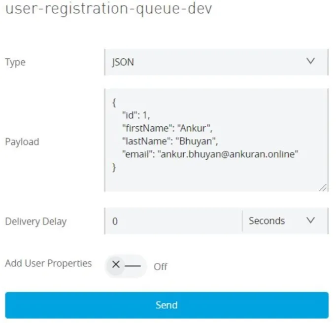 Anypoint MQ console sending a JSON user-registration message to the queue