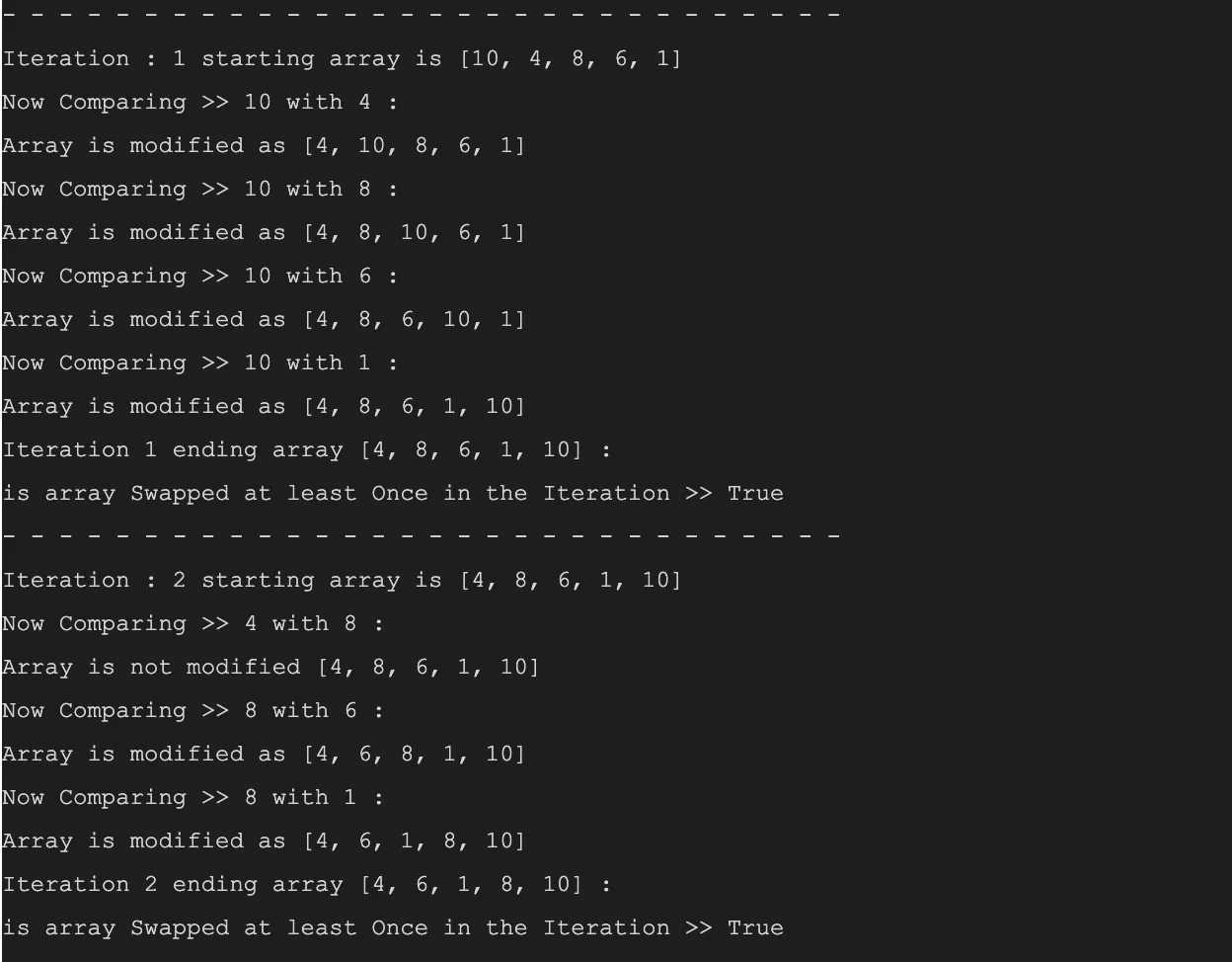 Python console log of bubble sort iterations 1 and 2 with each comparison and swap