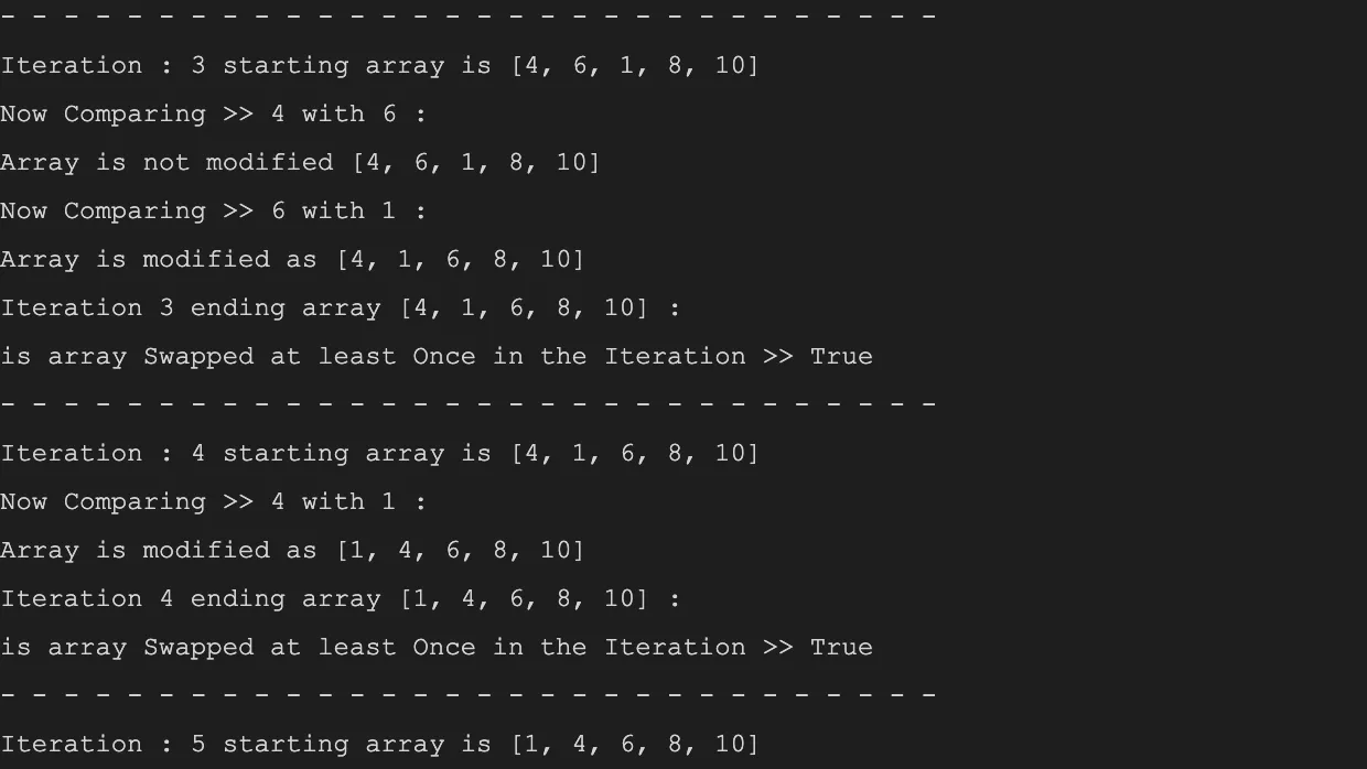 Python console log of bubble sort iterations 3, 4 and start of 5