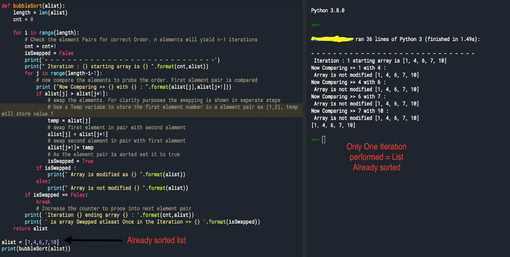 Python bubble sort code beside its log, where an already-sorted list ends after one pass