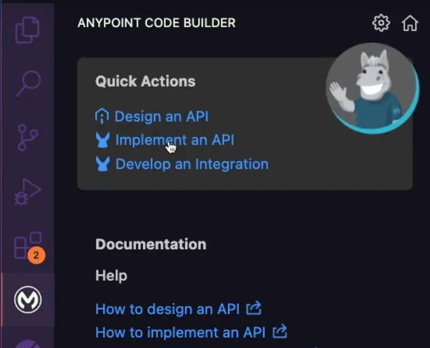 Anypoint Code Builder Quick Actions panel with the Implement an API option highlighted