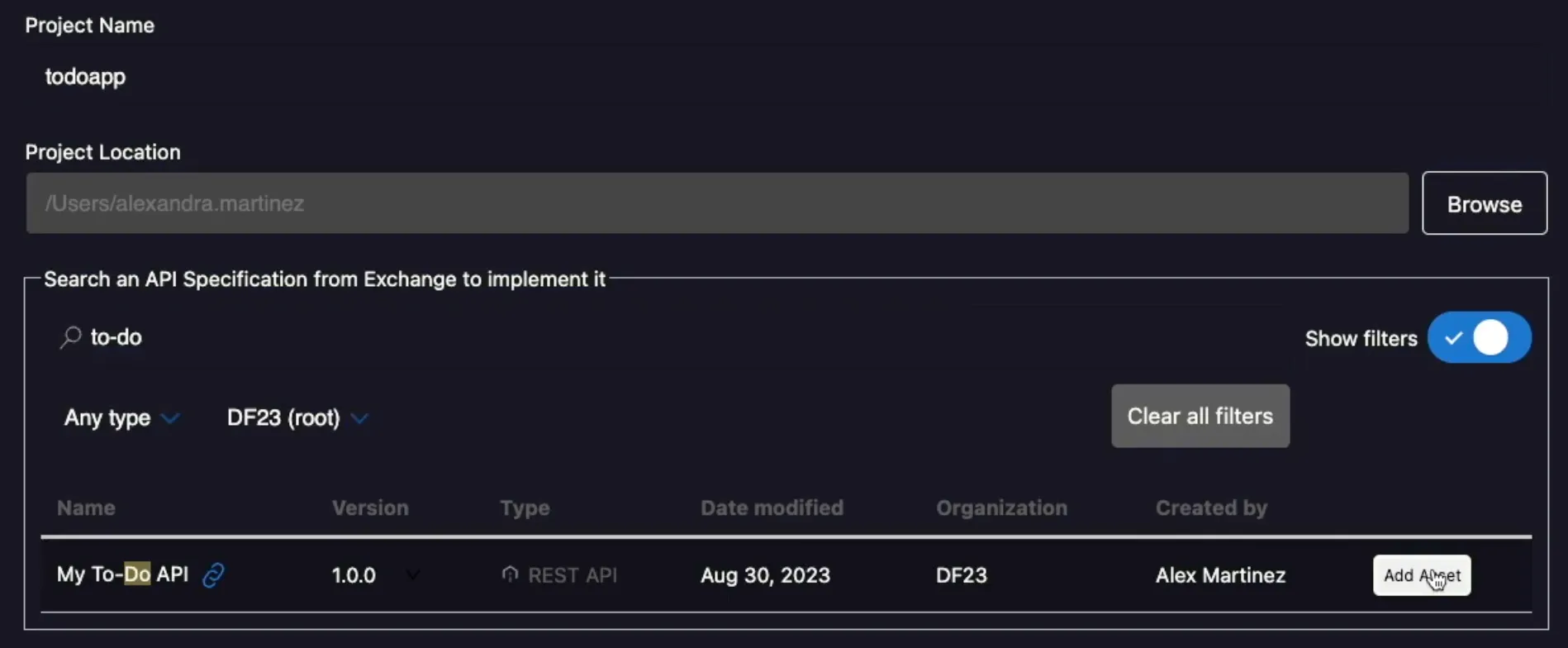 New project form with name todoapp and an Exchange search listing the My To-Do API with Add Asset
