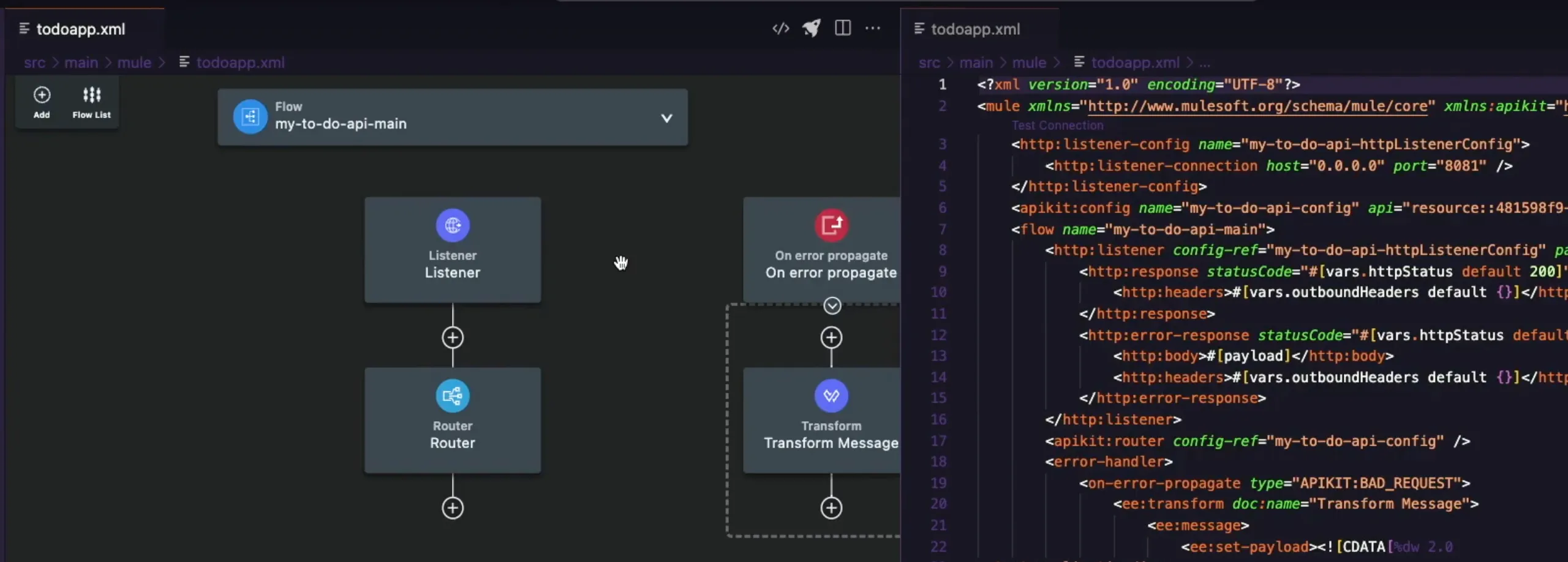 Scaffolded todoapp.xml shown as a flow canvas alongside its generated Mule XML