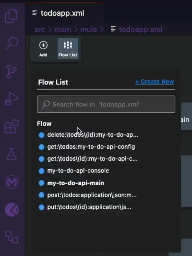 Flow List panel listing the generated GET, POST, PUT, and DELETE flows for the to-do API