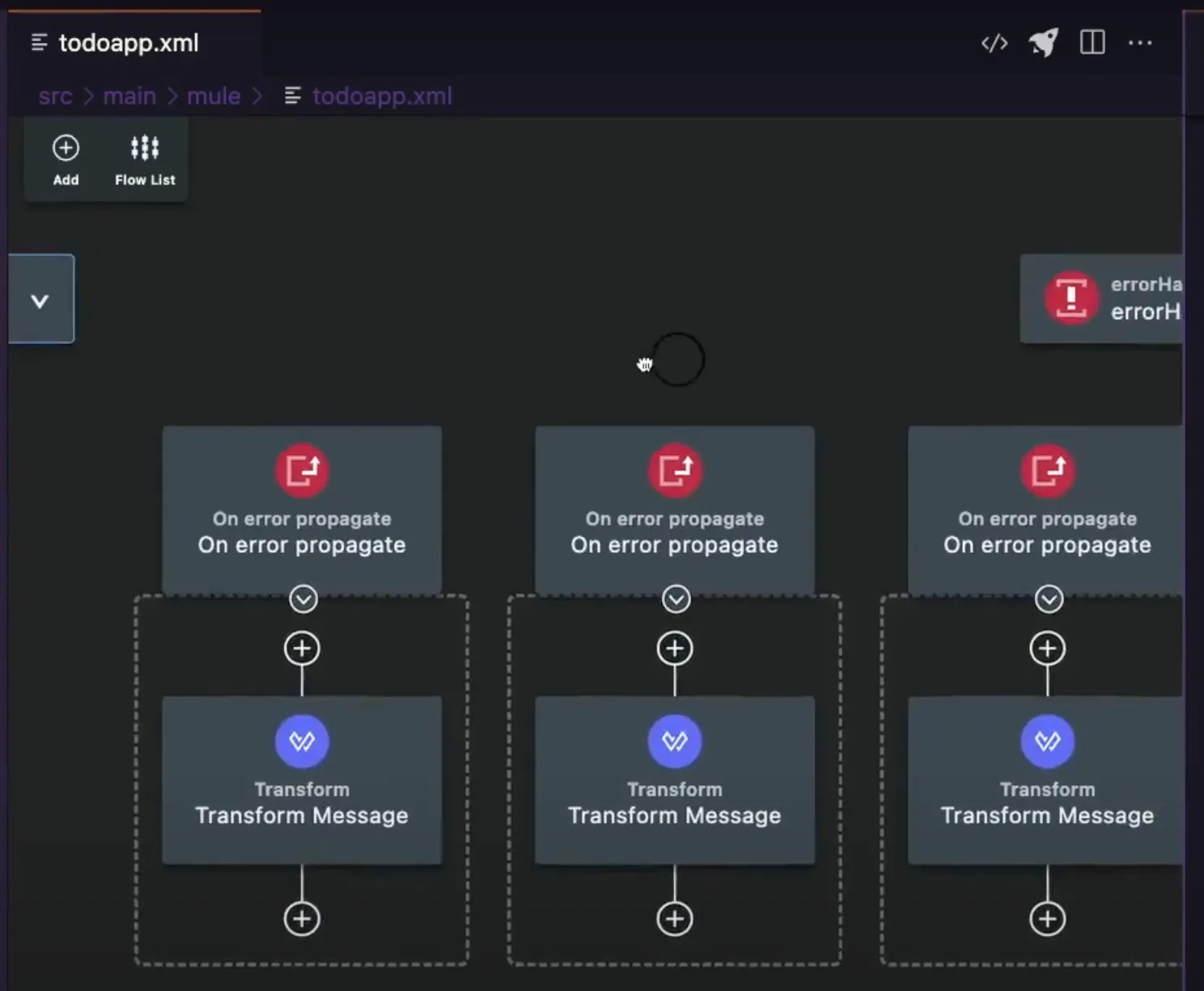 Auto-generated error handling with On Error Propagate blocks each routing to a Transform Message