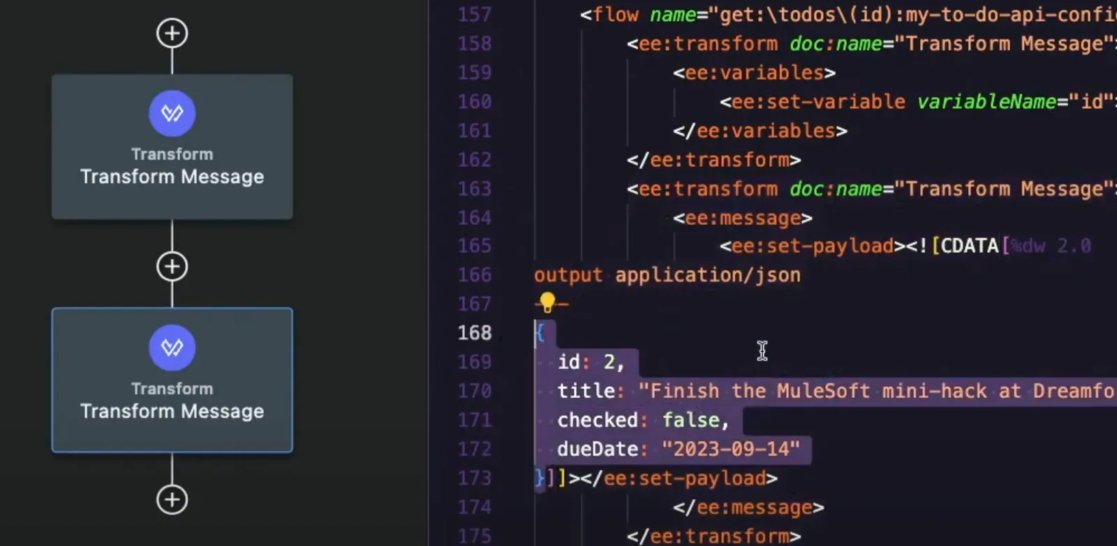 Transform Message with DataWeave returning a sample JSON to-do payload built from the spec example
