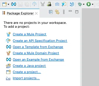 Anypoint Studio Package Explorer with the "Create a Mule Project" link among project options