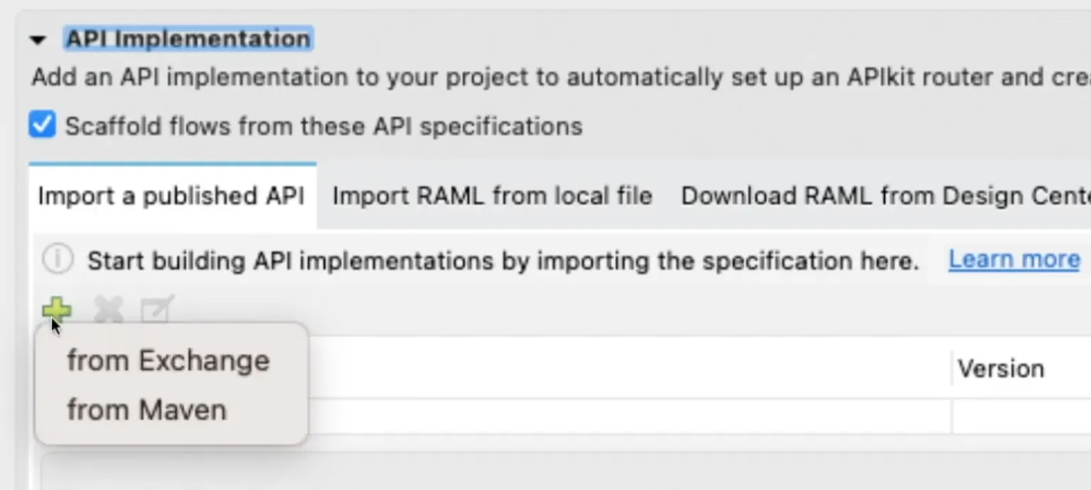 New project dialog: the add API button expanded to "from Exchange" or "from Maven"