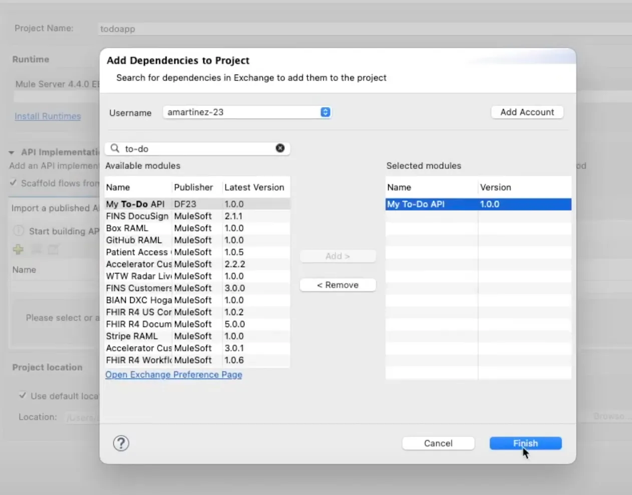 Add Dependencies dialog with the To-Do API selected from Exchange before clicking Finish