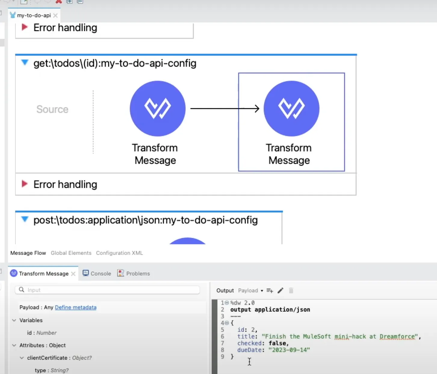 Transform Message generated from an API example outputting sample JSON to-do data