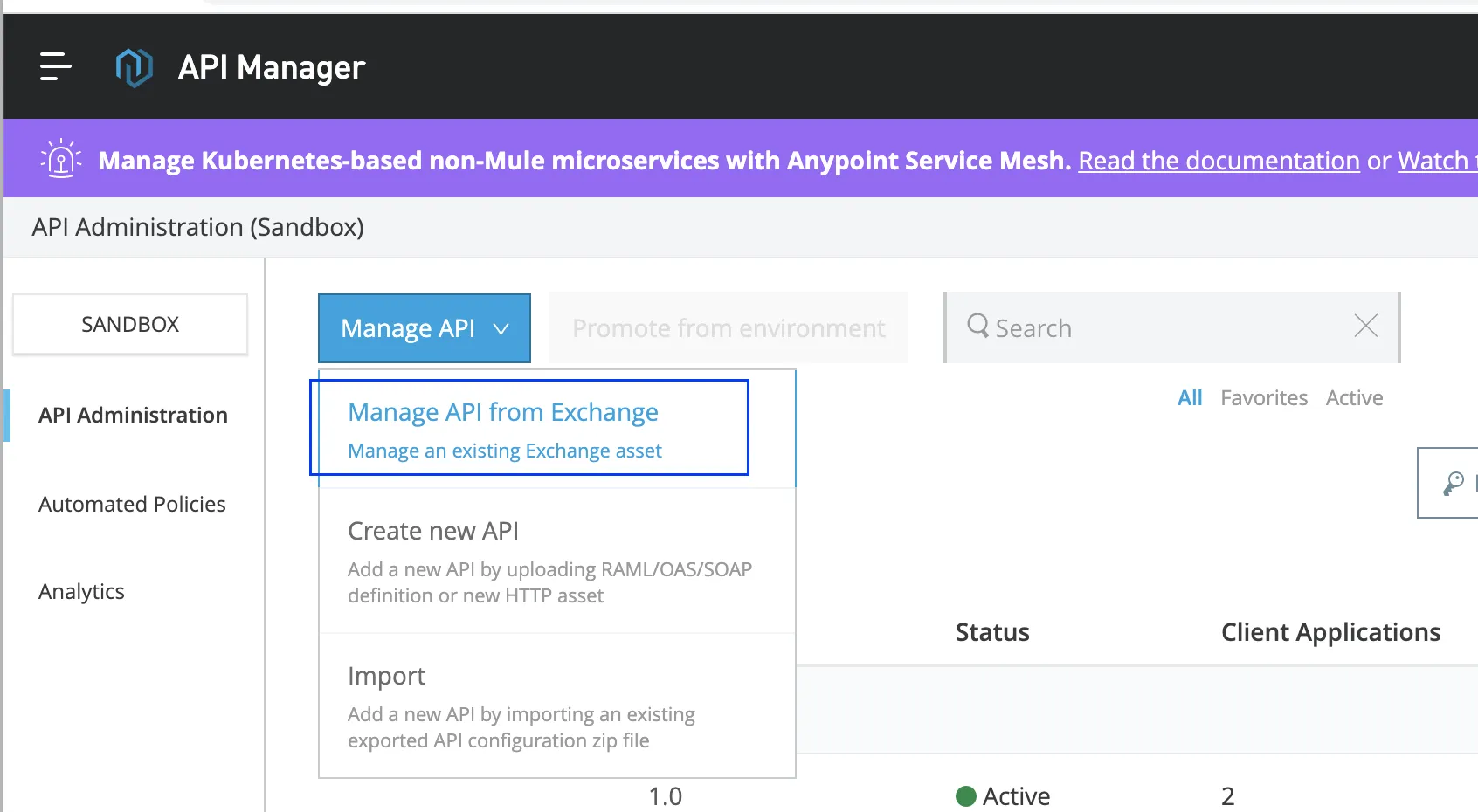 API Manager "Manage API" dropdown with the "Manage API from Exchange" option highlighted