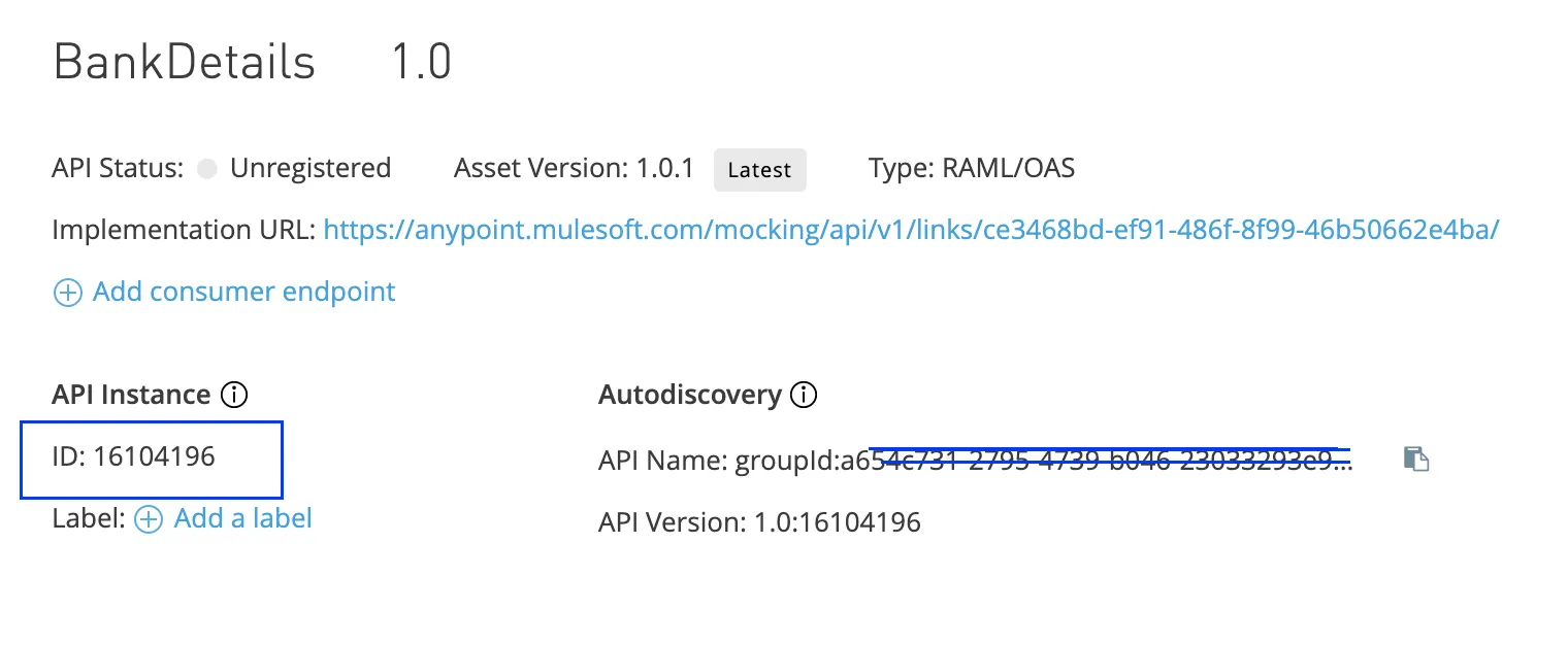 BankDetails API instance page with status Unregistered and the API Instance ID highlighted
