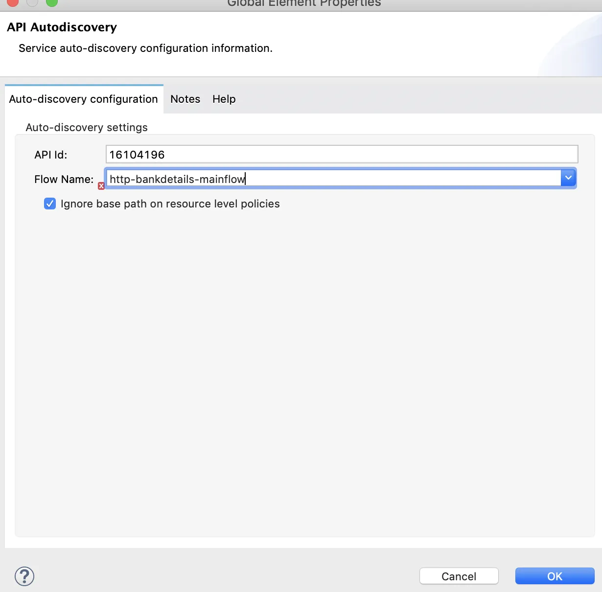 Anypoint Studio API Autodiscovery global element with the API Id and Flow Name filled in