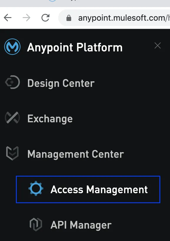 Anypoint Platform navigation menu with the Access Management option highlighted