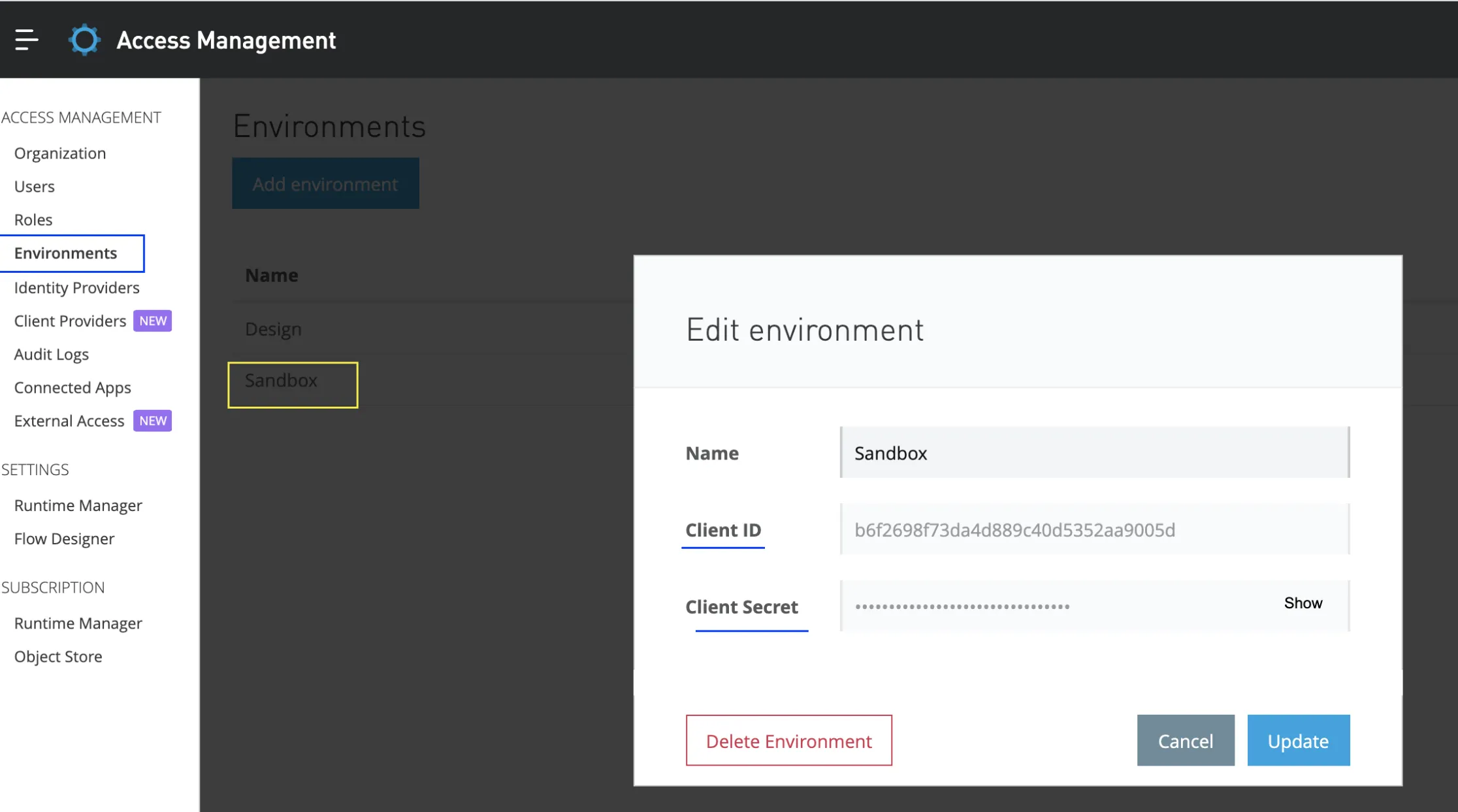 Access Management Environments with the Sandbox "Edit environment" panel showing Client ID and Secret