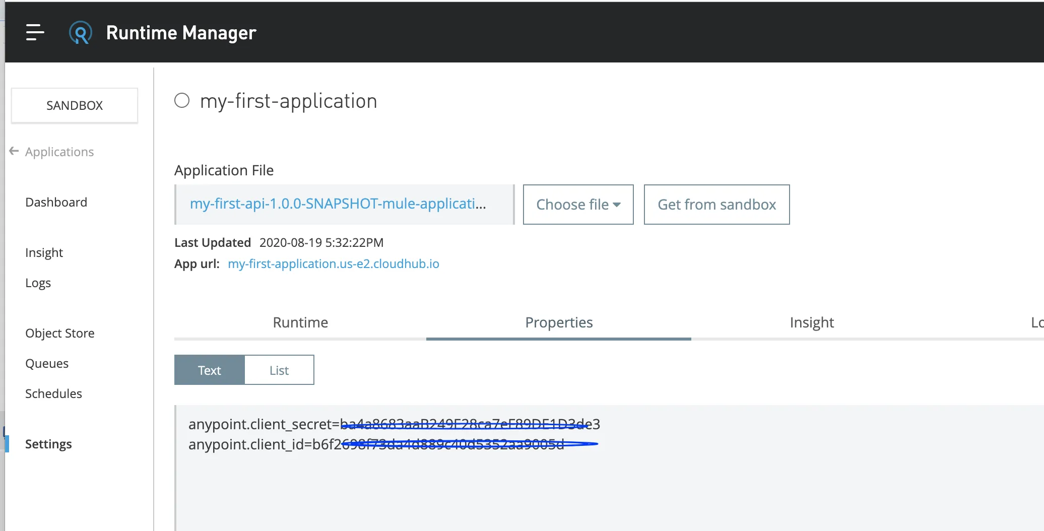 Runtime Manager Properties tab with anypoint.client_secret and anypoint.client_id set as text properties