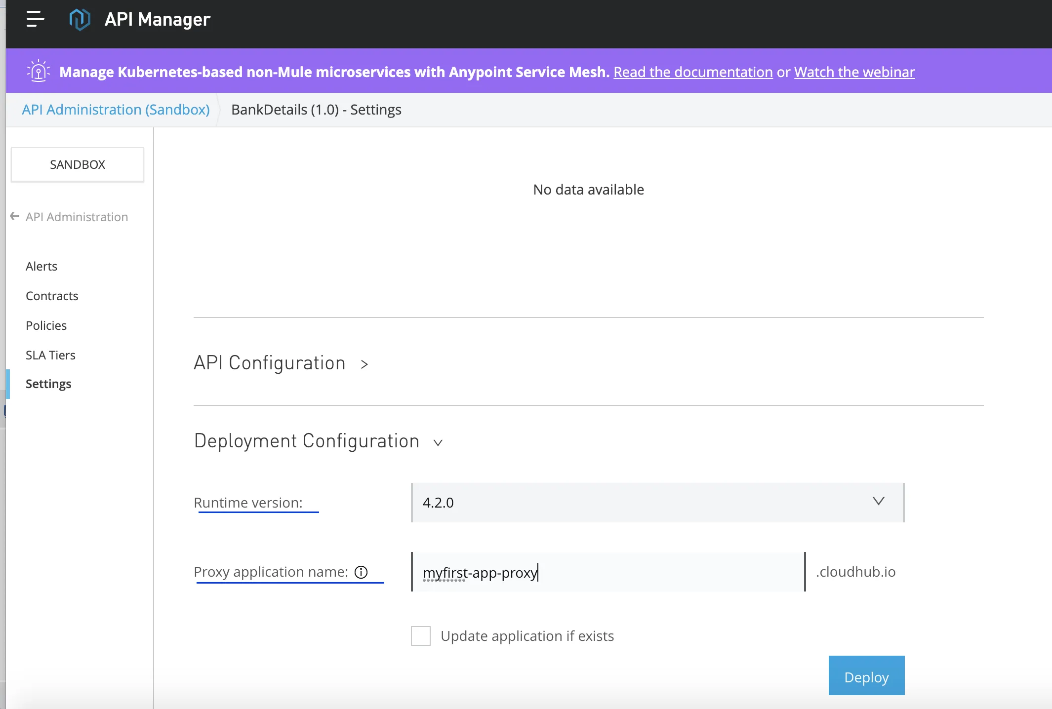API Manager Deployment Configuration with runtime version 4.2.0 and a proxy application name set