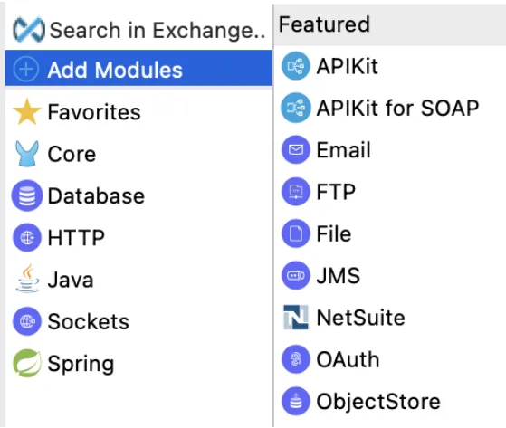 Mule Palette Add Modules view with Spring listed among the available modules