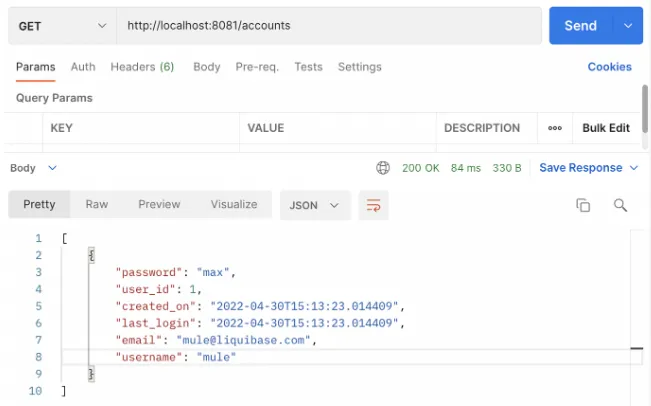 Postman GET to /accounts returning 200 OK with a JSON account record from the database