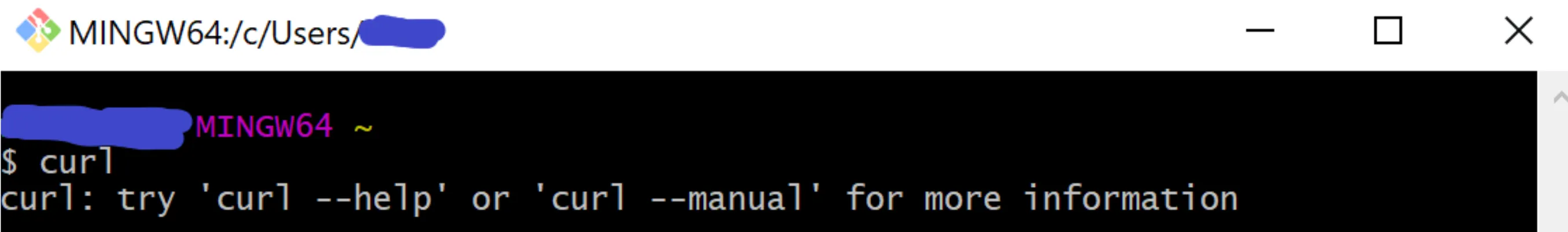 Git Bash terminal where running curl prints "try 'curl --help' for more information"