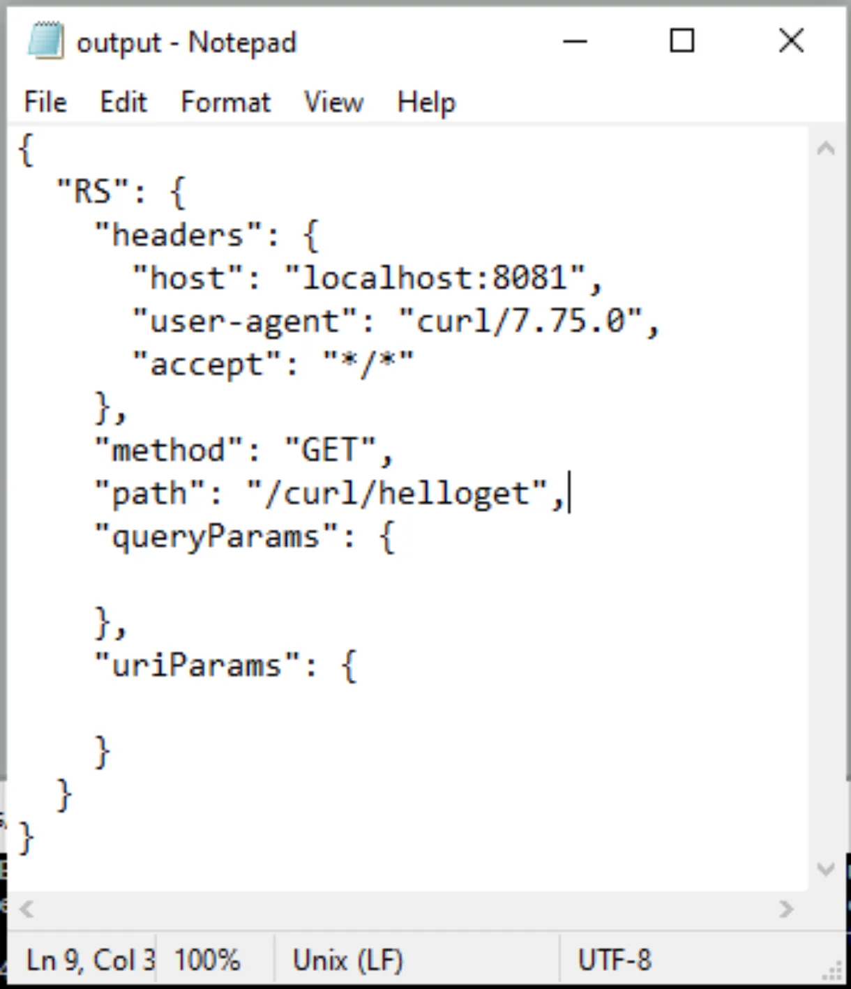 The saved output.txt opened in Notepad showing the JSON response from the curl request